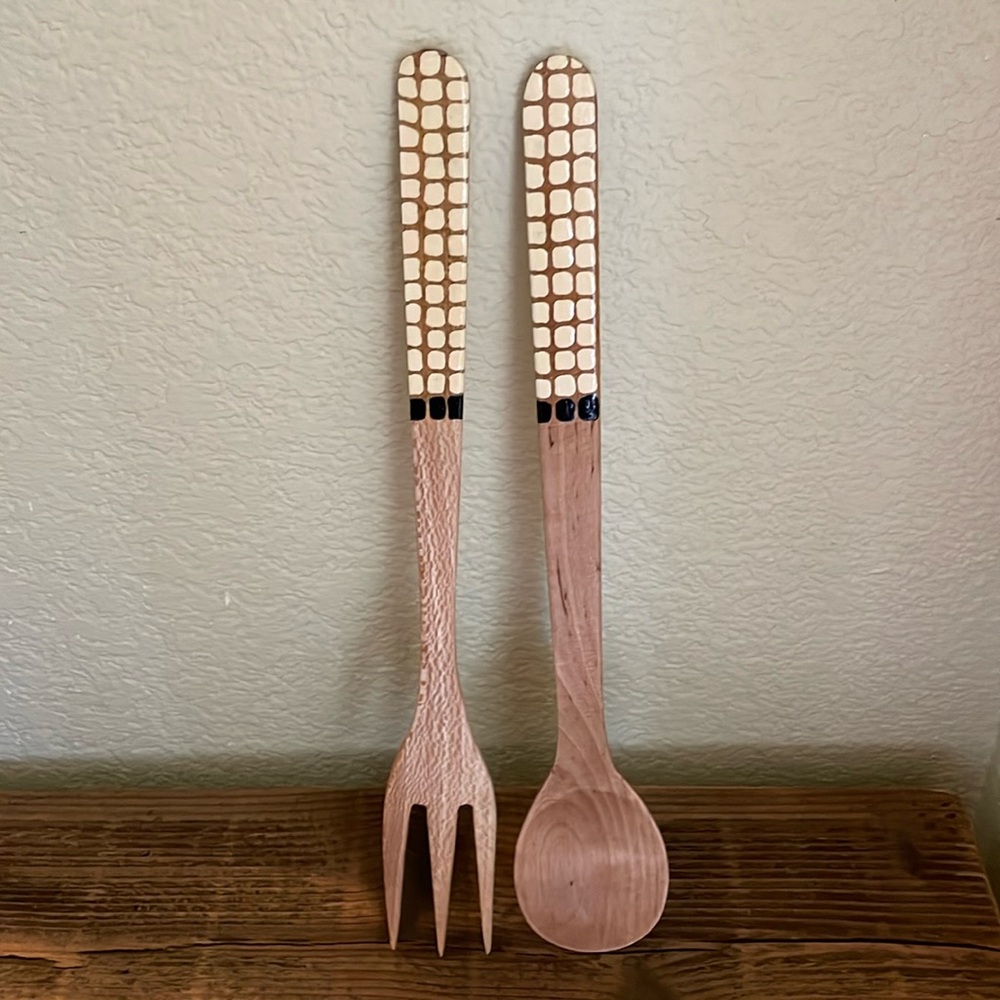 Artisan-made in Portugal Wooden Serving Spoon and Fork, hand-painted, ~14”